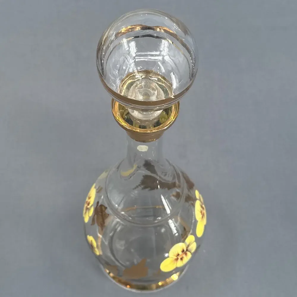VTG Wine Decanter 15 Floral Hand Painted Romanian Crystal Gold Yellow MCM Carafe
